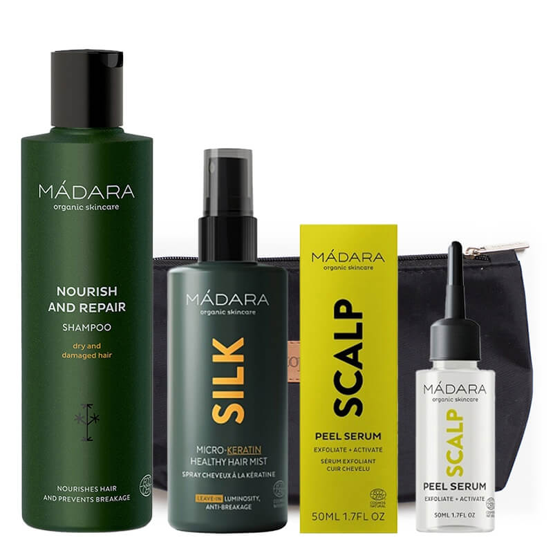 Madara Hair Care Set ZESTAW Serum peelingujące 50 ml + Szampon 250 ml + Mgiełka 90 ml + Kosmetyczka 1 szt
