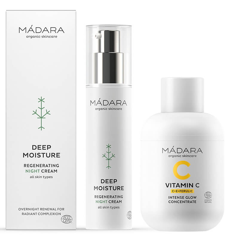 Madara Intense Glow Concentrate + Deep Moisture Night Cream ZESTAW Koncentrat rozjaśniający z witaminą C 30 ml + Regenerujący krem na noc 50 ml