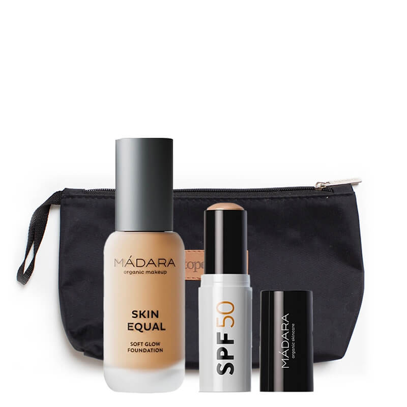 Madara Sztyft ochronny SPF 50 + Skin Equal Soft Glow ZESTAW Mineralny sztyft przeciwsłoneczny SPF 50 12 g + Podkład rozświetlający (kolor 40 Sand) 30 ml + Kosmetyczka 1 szt