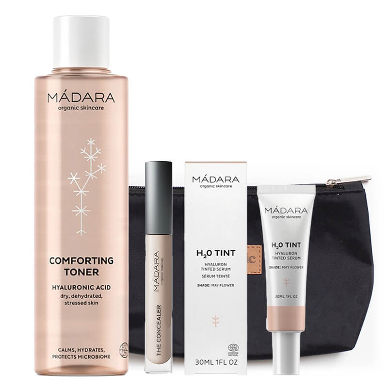 Madara Toner + H20 Hialuron Tinted Serum + The Concealer ZESTAW Tonik 200 ml + Serum tonujące (kolor May Flower nr 1) 30 ml + Korektor (kolor 15 Vanilla) 4 ml + Kosmetyczka 1 szt