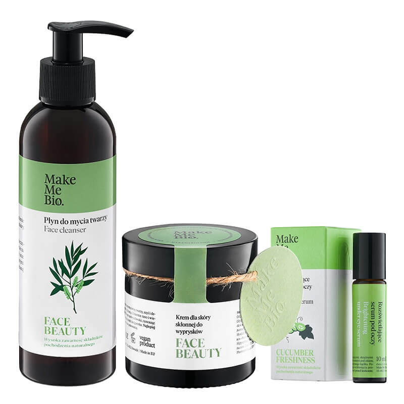 Make Me Bio Green Set ZESTAW Płyn do mycia twarzy 200 ml + Rozświetlające serum pod oczy - roller 10 ml + Krem dla skóry skłonnej do wyprysków 60 ml