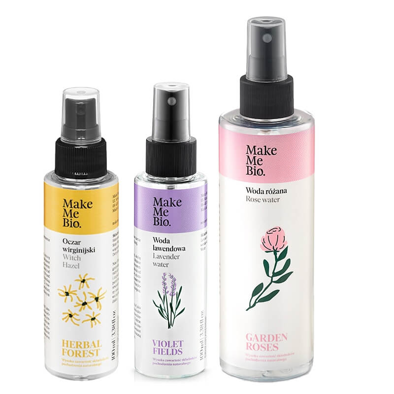 Make Me Bio Hydrolate Set ZESTAW Oczar wirginijski 100 ml + Hydrolat z lawendy 100 ml + Hydrolat z róży damasceńskiej 200 ml