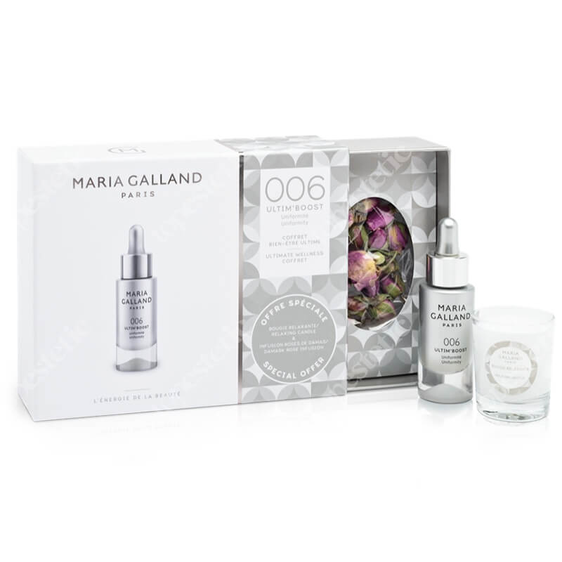 Maria Galland Coffret Ultim 'Boost Uniformity ZESTAW Płatki róży damasceńskiej 5 g + Relaksująca Świeca z Białą Herbatą 35 g + Niezwykłe ujednolicenie 15 ml