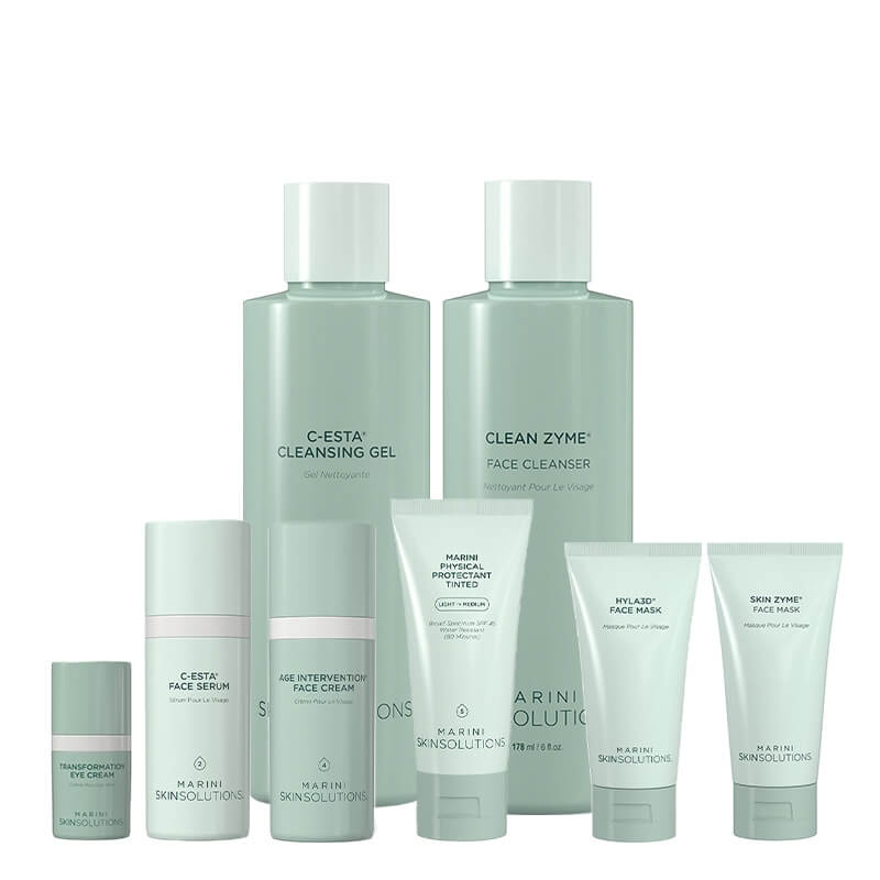 Marini SkinSolutions C-ESTA® Cleansing Gel + Clean Zyme® + Skin Zyme® Face Mask + Hyla3D® Face Mask + C-ESTA® Face Serum + Age Intervention® Face Cream + P ZESTAW Żel do mycia twarzy z DMAE i witaminą C 178 ml + Enzymatyczny żel oczyszczający 178 ml + Maska enzymatyczna 48 g + Głęboko nawilżają