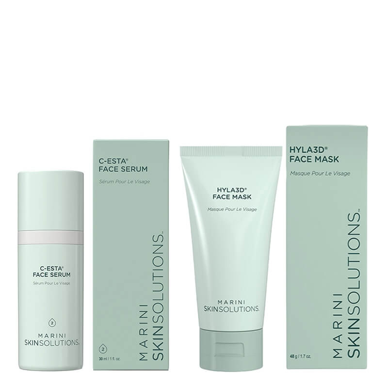 Marini SkinSolutions C-ESTA® Face Serum + Hyla3D® Face Mask ZESTAW Serum do twarzy z witaminą C i DMAE 30 ml + Głęboko nawilżająca maska do twarzy 28 g