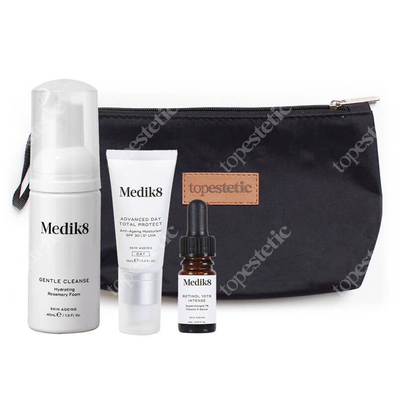 Medik8 10TR Travel Set ZESTAW Pianka oczyszczająca 40 ml + Serum z witaminą A 1%, 4 ml + Krem nawilżający SPF 30, 15 ml + Kosmetyczka 1 szt