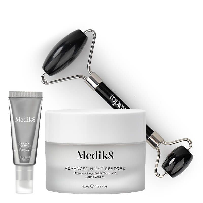 Medik8 Crystal Retinal 3 + Advanced Night Restore + Roller Gratis !! ZESTAW Serum na noc o średniej mocy z aldehydem retinowym 30 ml + Odbudowujący krem naprawczy na noc 50 ml + Roller z obsydianu 1 szt Gratis!!