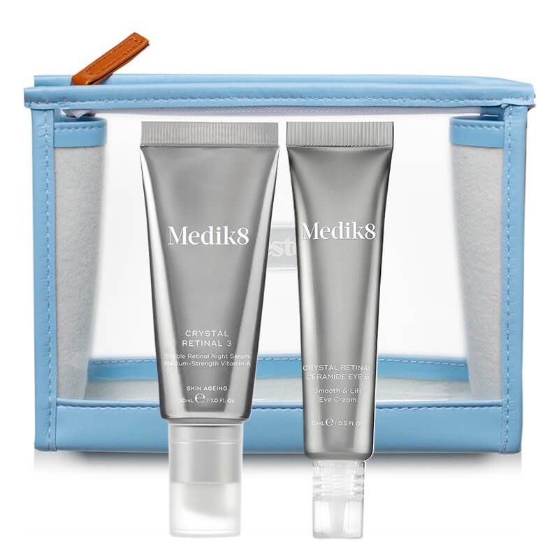 Medik8 Crystal Retinal 3 + Crystal Retinal Ceramide Eye 6 ZESTAW Stabilne serum na noc o średniej mocy z aldehydem retinowym 30 ml + Krem pod oczy z retinalem 15 ml + Kosmetyczka Topestetic 1 szt