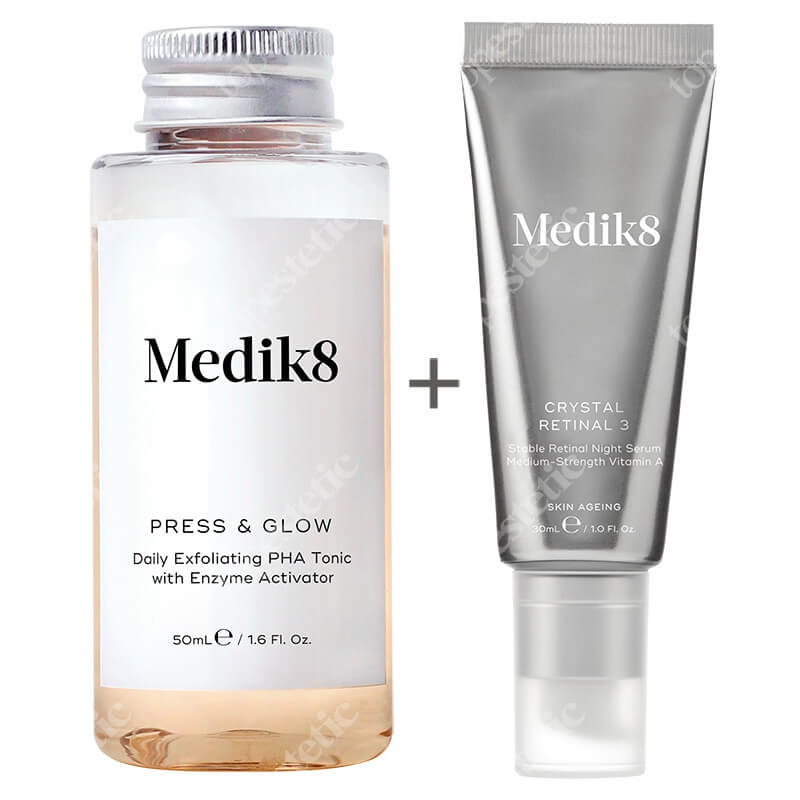 Medik8 Crystal Retinal 3 + Press and Glow ZESTAW Stabilne serum na noc o średniej mocy z aldehydem retinowym 30 ml + Tonik z 5,5% glukonolaktonem 50 ml