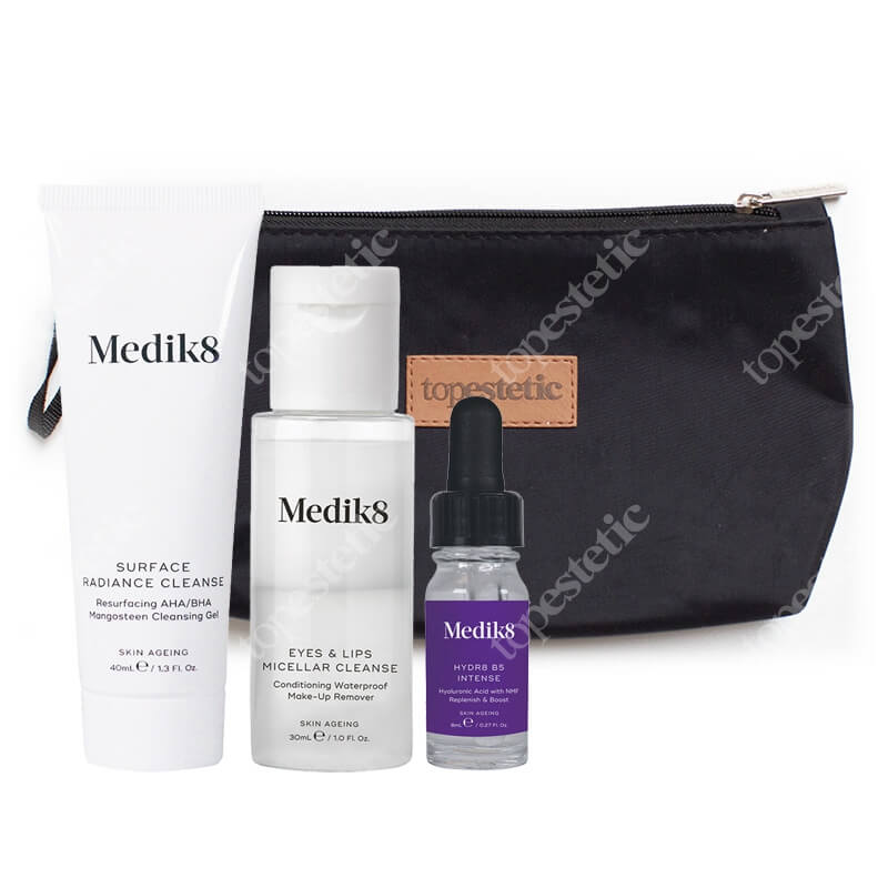 Medik8 Hydr8 B5 Intense Travel Set ZESTAW Płyn do demakijażu 30 ml + Żel oczyszczający z kwasami 40 ml + Serum z kwasem hialuronowym 8 ml + Kosmetyczka 1 szt