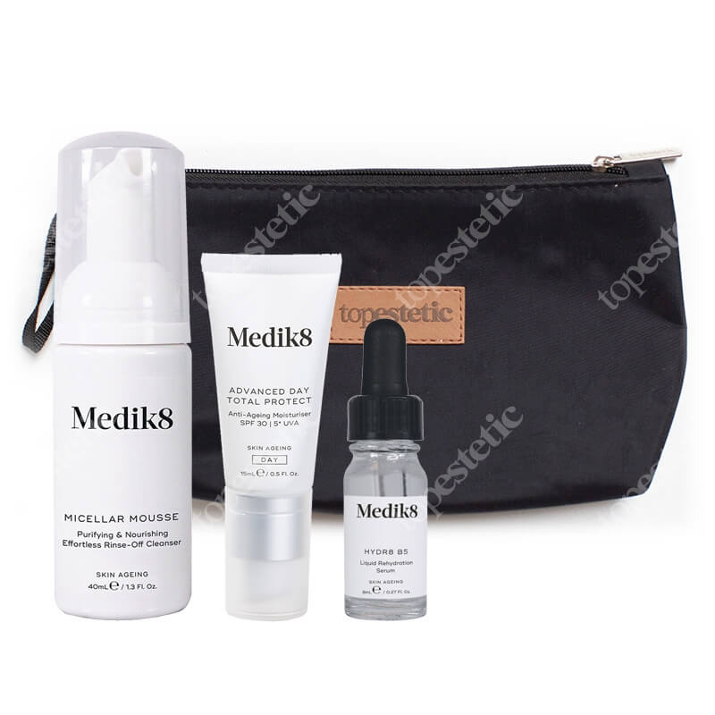 Medik8 Hydr8 B5 Travel Set ZESTAW Mus oczyszczający 40 ml + Serum 8 ml + Krem nawilżający SPF 30 Kosmetyczka 1 szt