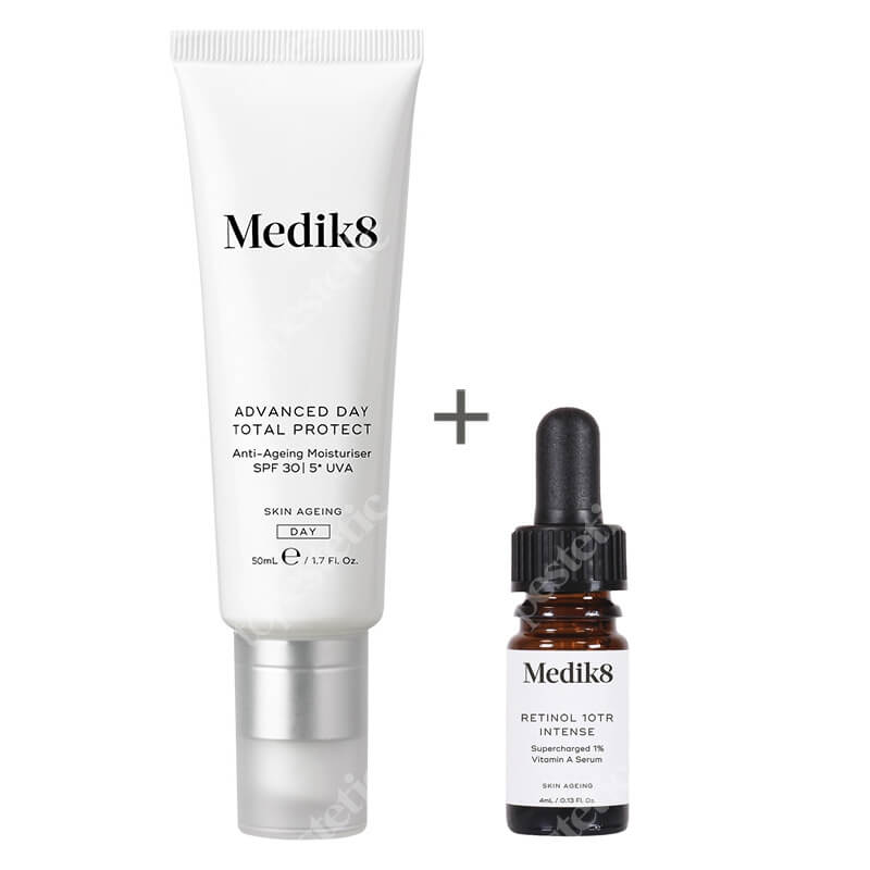 Medik8 Intelligent Retinol 10TR + Advanced Day Total Protect spf 30 ZESTAW Wzmocnione serum z witaminą A 1%, 4 ml + Krem nawilżający przeciwko oznakom starzenia SPF 30, 50 ml