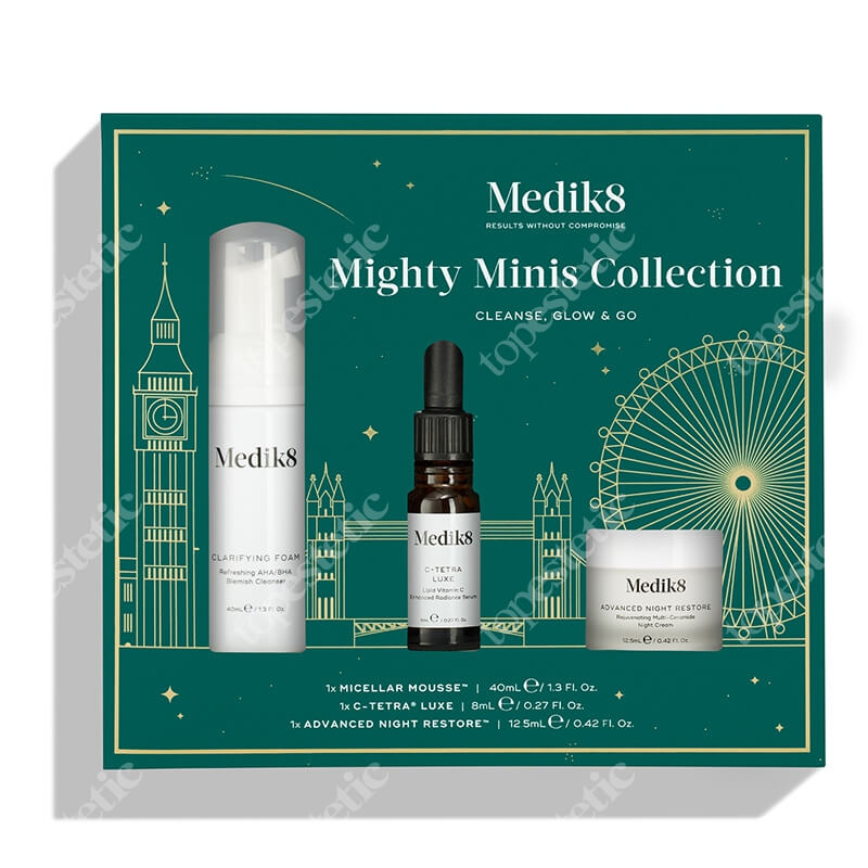 Medik8 Mighty Minis Collection ZESTAW Odżywczy mus oczyszczający 40 ml + Serum z witaminą C i antyoksydantami 8 ml + Odbudowujący krem naprawczy na noc 12,5 ml