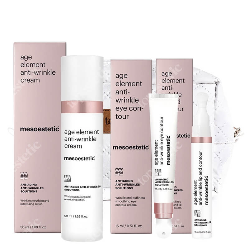 Mesoestetic Age Element Anti - Wrinkle Set ZESTAW Krem na dzień 50 ml + Wypełniacz konturu ust 15 ml + Krem na okolice oczu 15 ml + Komsetyczka Topestetic 1 szt