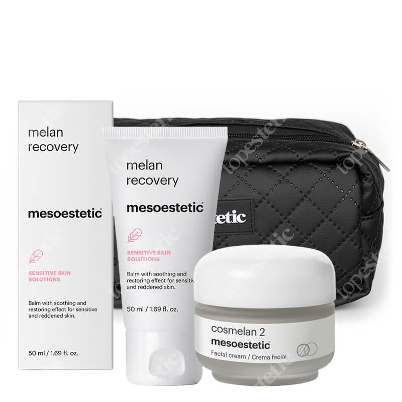 Mesoestetic Cosmelan 2 + Melan Recovery New + Kosmetyczka Topestetic ZESTAW Krem na przebarwienia 30 g + Krem o silnych właściwościach natłuszczających oraz nawilżających 50 ml + Czarna, duża 1 szt