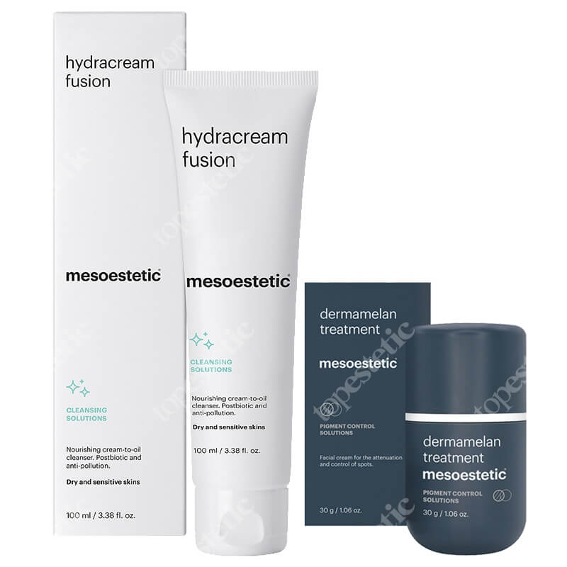 Mesoestetic Dermamelan Treatment + Hydracream Fusion ZESTAW Krem na przebarwienia do stosowania w domu 30 g + Równoważący i przeciwdziałający zanieczyszczeniom krem - olejek do mycia twarzy 100 m