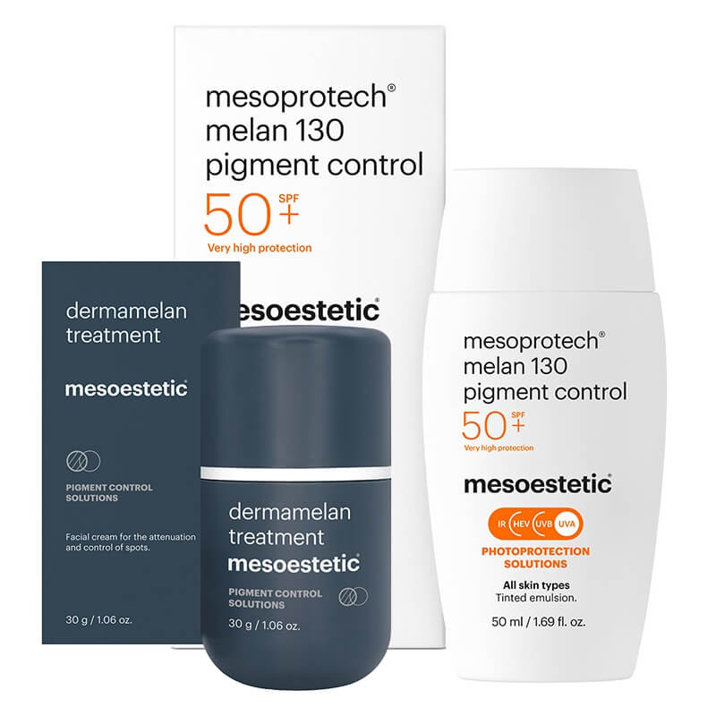 Mesoestetic Dermamelan Treatment + Mesoprotech Melan 130+ ZESTAW Krem na przebarwienia do stosowania w domu 30 g + Fluid koloryzujacy SPF50+ 50 ml