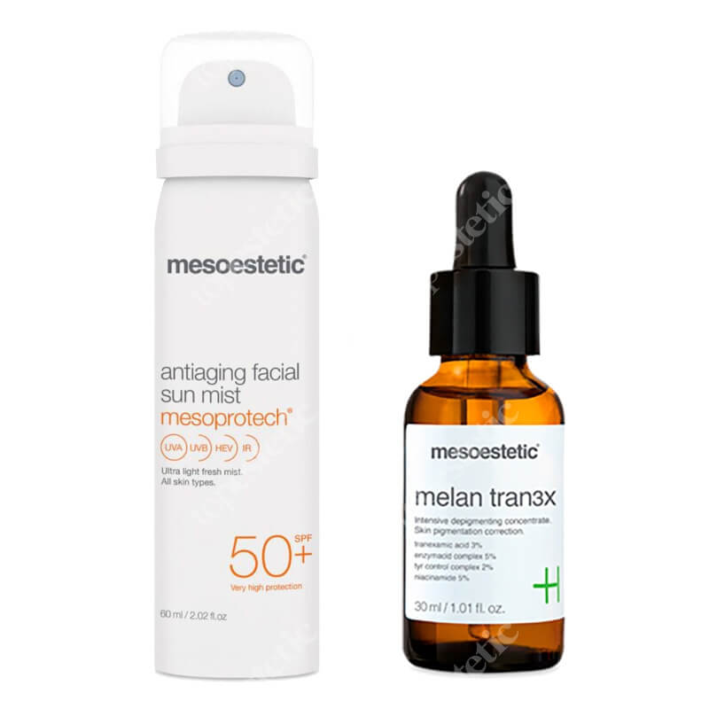 Mesoestetic Melan Tran3x + Mesoprotech Antiaging Facial Sun Mist ZESTAW Intensywny koncentrat o działaniu depigmentującym na noc 30 ml + Mgiełka do twarzy SPF 50+ 60 ml