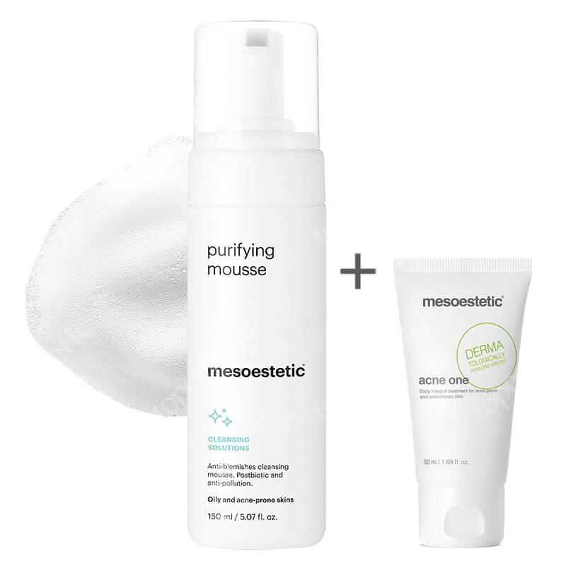 Mesoestetic Puryfying Mousse + Acne One ZESTAW Pianka do mycia twarzy do skóry tłustej i trądzikowej 150 ml + Aktywny krem 50 ml