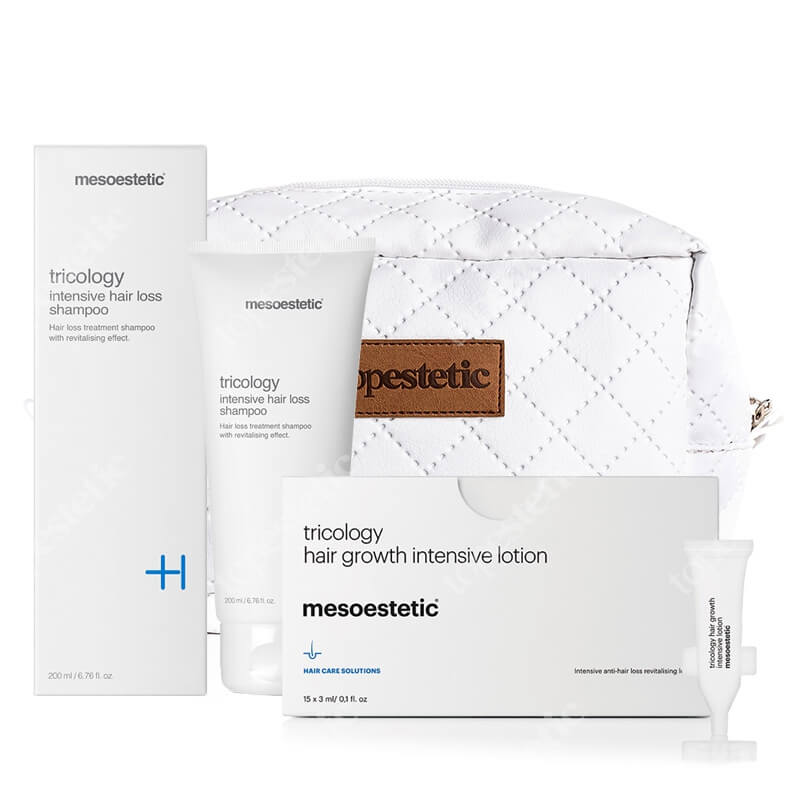 Mesoestetic Tricology Set ZESTAW Szampon hamujący wypadanie włosów 200 ml + Lotion pobudzający wzrost włosów 15 x 3ml + Biała kosmetyczka 1 szt.