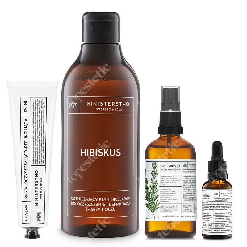 Ministerstwo Dobrego Mydła Chałwa + Hibiskus + Rozmaryn + Opuncja Figowa ZESTAW Peeling 120 ml + Płyn micelarny 400 ml + Hydrolat 100 ml + Olejek 30 ml