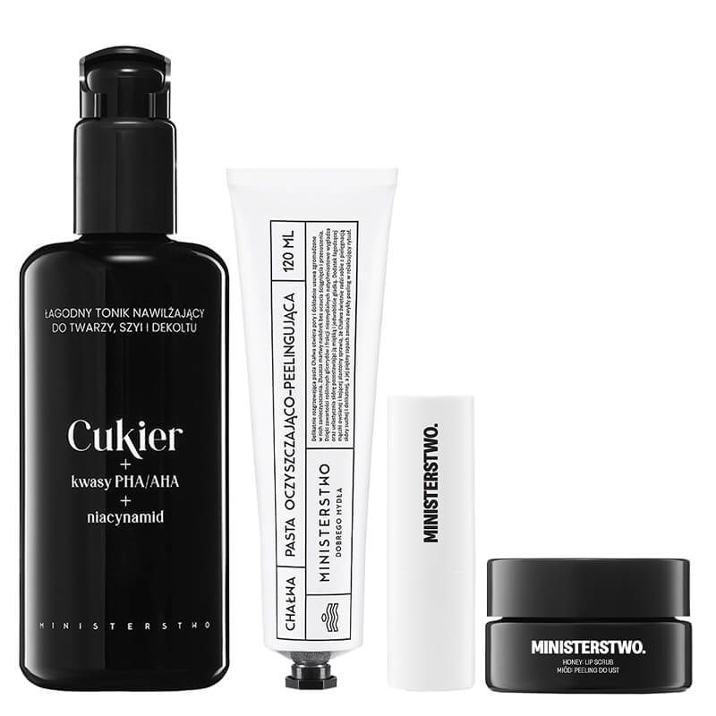 Ministerstwo Dobrego Mydła Cukier + Miód + Chałwa Peel + Ryż ZESTAW Tonik 200 ml + Peeling do ust 15 g + Peeling do twarzy 120 ml + Pomadka 4,5 g