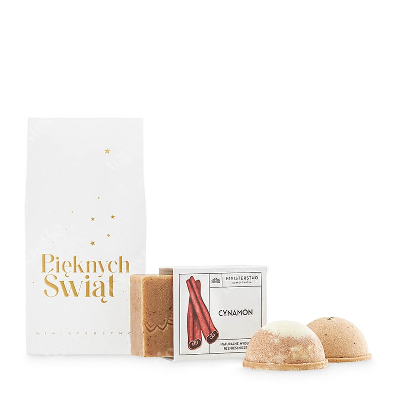 Ministerstwo Dobrego Mydła Cynamon ZESTAW Naturalne mydło z olejami i masłami roślinnymi oraz cynamonem 100 g + Półkula Cynamon 60 g + Półkula Czekolada 60 g