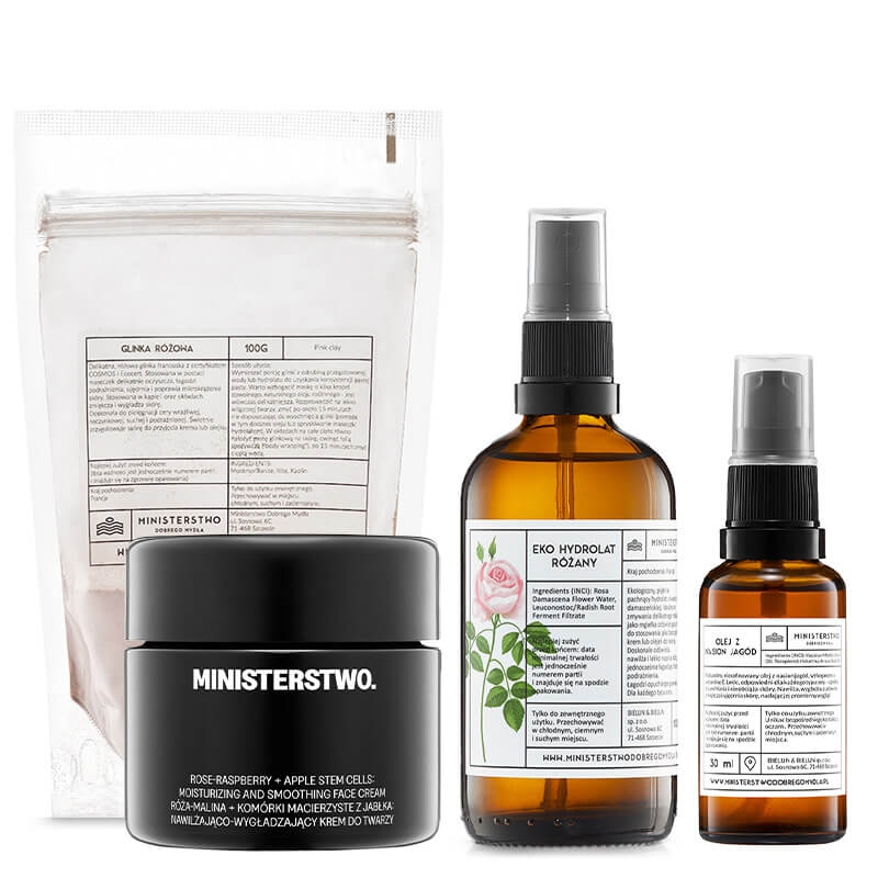 Ministerstwo Dobrego Mydła Glinka Różowa + Jagoda + Róża - Malina ZESTAW Glinka 100 g + Hydrolat różany 100 ml + Olej 30 ml + Krem 50 ml
