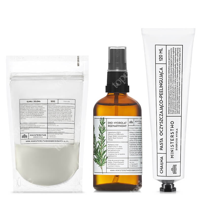Ministerstwo Dobrego Mydła Glinka Zielona + Rozmaryn + Chałwa Peel ZESTAW Naturalna certyfikowana glinka 100 g + Eko hydrolat rozmarynowy 100 ml + Peeling do twarzy 120 ml