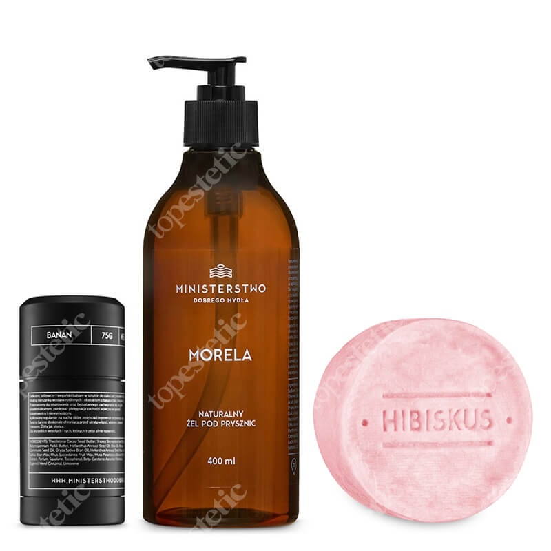 Ministerstwo Dobrego Mydła Hibiskus + Morela + Banan ZESTAW 2w1 Szampon w kostce 85 g + Naturalny żel pod prysznic 400 ml + Balsam do ciała w sztyfcie 75 g