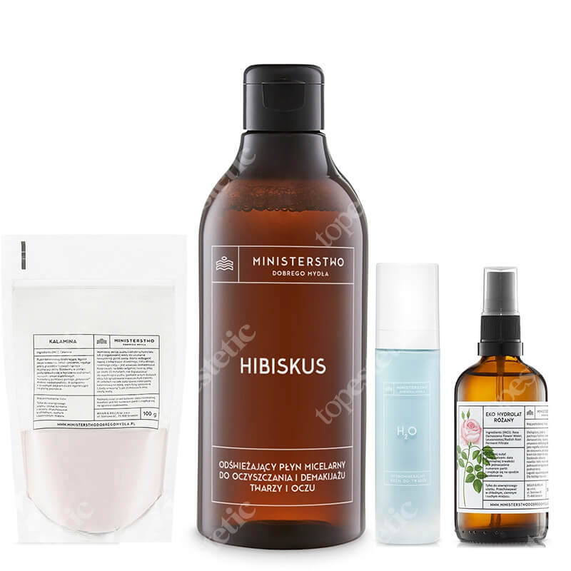 Ministerstwo Dobrego Mydła Hibiskus + Róża + H2O + Kalamina ZESTAW Płyn micelarny 400 ml + Hydrolat różany 100 ml + Krem 50 ml + Puder 100 ml