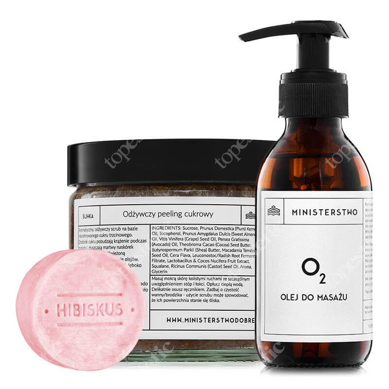 Ministerstwo Dobrego Mydła Hibiskus + Śliwka + 02 ZESTAW 2w1 Szampon w kostce 85 g + Odżywczy peeling cukrowy 300 g + Olej do masażu i pielęgnacji ciała 140 ml