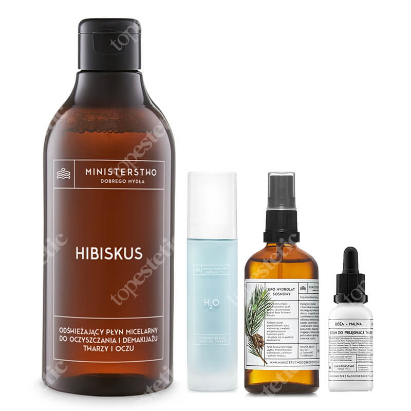 Ministerstwo Dobrego Mydła Hibiskus + Sosna + Róża - Malina + H2O ZESTAW Płyn micelarny 400 ml + Hydrolat sosnowy 100 ml + Serum 30 ml + Krem 50 ml