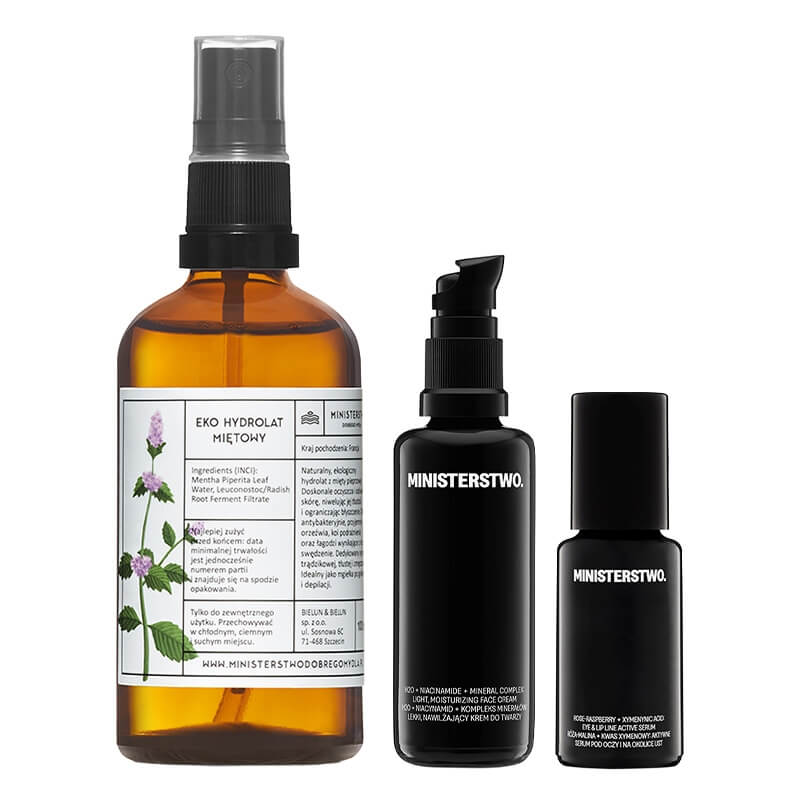 Ministerstwo Dobrego Mydła Mięta + Róża-Malina + H2O ZESTAW Eko hydrolat miętowy 100 ml + Serum pod oczy i na okolice ust 15 ml + Hydromineralny krem do twarzy 50 ml