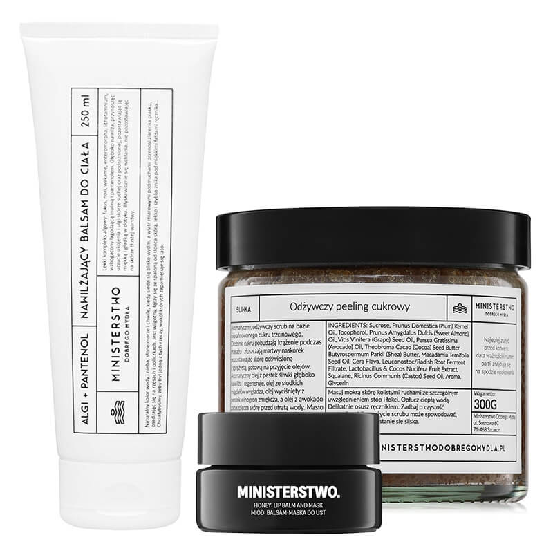 Ministerstwo Dobrego Mydła Miód + Śliwka + Algi+ Pantenol ZESTAW Balsam do ust 13 g + Peeling cukrowy 300 g + Balsam do ciała 250 ml