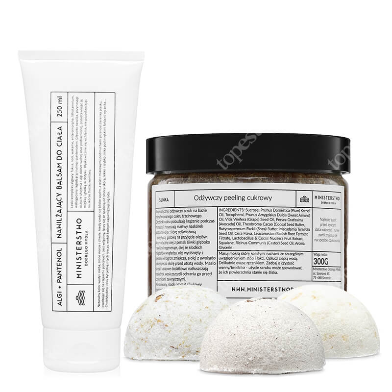 Ministerstwo Dobrego Mydła Mleko + Cynamon + Nagietek + Śliwka + Algi i Pantenol ZESTAW Półkula kąpielowa 60 g x 3 + Peeling cukrowy 300 g + Balsam 250 ml