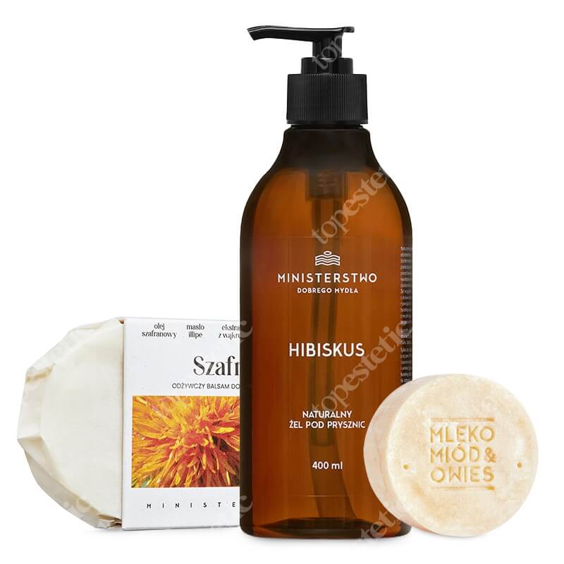 Ministerstwo Dobrego Mydła Mleko, Miód, Owies + Hibiskus + Szafran ZESTAW Szampon dla włosów suchych i zniszczonych 85 g + Żel pod prysznic 400 ml + Odżywczy balsam do ciała w kostce 75 g