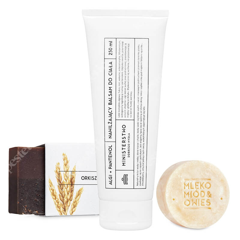 Ministerstwo Dobrego Mydła Mleko, Miód, Owies + Orkisz + Algi+ Pantenol ZESTAW Szampon w kostce 85 g + Mydło z masłem shea 100 g + Balsam do ciała 250 ml