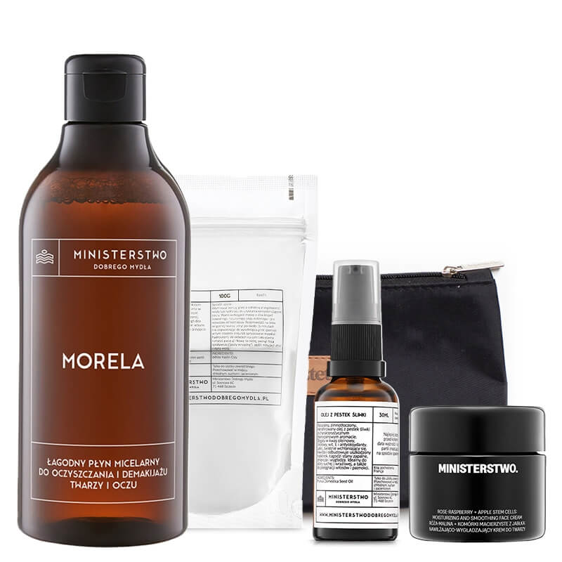 Ministerstwo Dobrego Mydła Morela + Glinka Biała + Śliwka + Róża-Malina ZESTAW Płyn micelarny 400 ml + Glinka 100 g + Olej 30 ml + Krem 50 ml + Kosmetyczka 1 szt