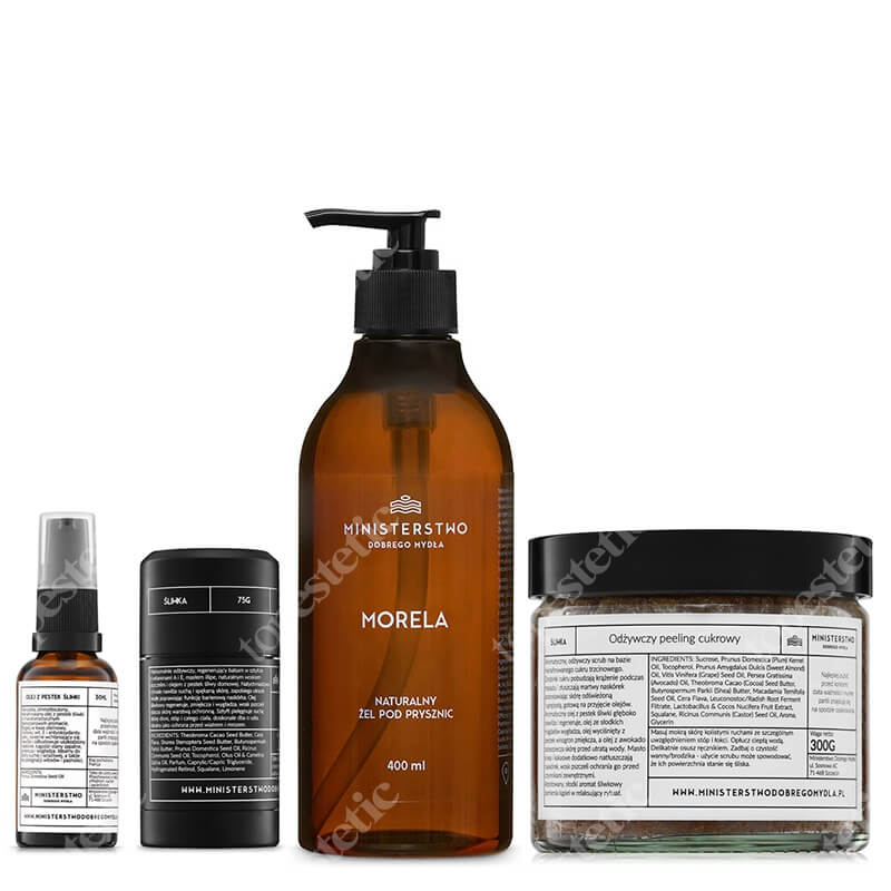 Ministerstwo Dobrego Mydła Morela i Śliwka Box ZESTAW Żel pod prysznic 400 ml + Peeling cukrowy 300 g + Balsam do ciała w sztyfcie 75 g + Olej z pestek śliwki 30 ml
