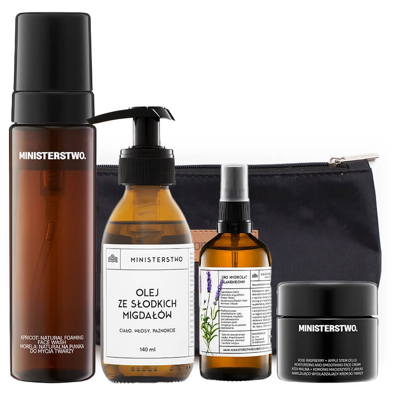 Ministerstwo Dobrego Mydła Morela + Lawenda + Słodkie Migdały + Róża-Malina ZESTAW Pianka 200 ml + Hydrolat 100 ml + Olej 140 ml + Krem 50 ml + Kosmetyczka 1 szt