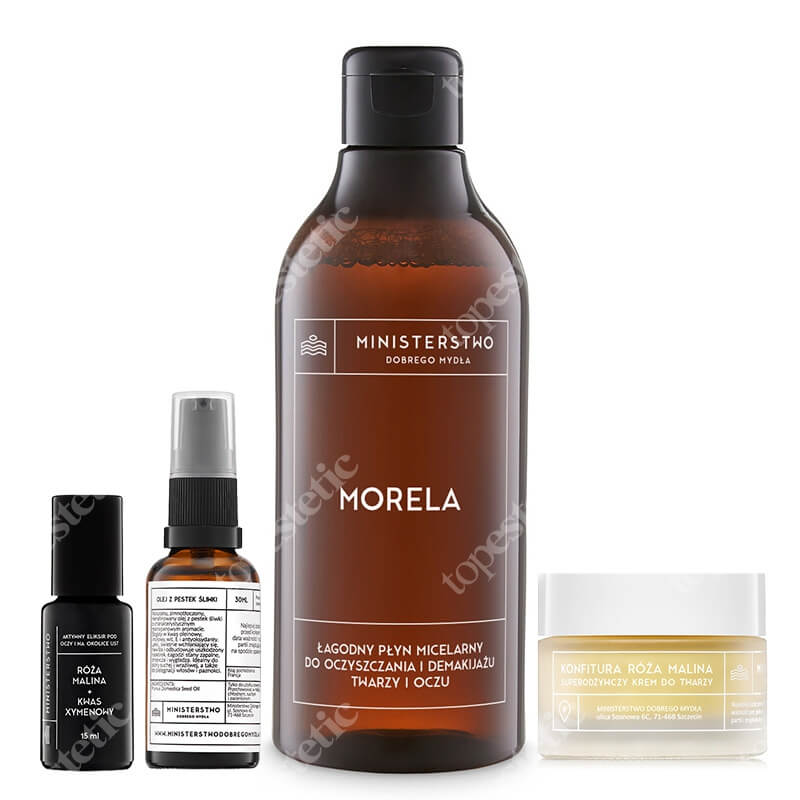 Ministerstwo Dobrego Mydła Morela + Śliwka + Róża - Malina ZESTAW Łagodny płyn micelarny 400 ml + Olej 30 ml + Serum pod oczy i na okolice ust 15 ml + Krem do twarzy 50 ml