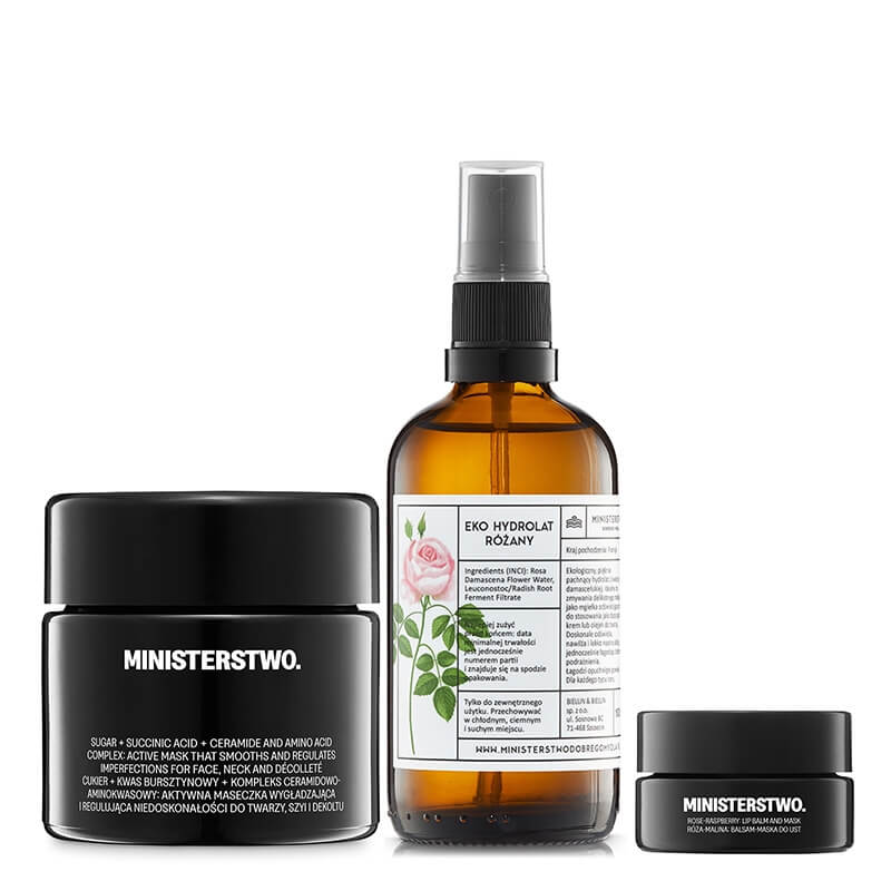 Ministerstwo Dobrego Mydła Odżywienie i Regeneracja ZESTAW Eko hydrolat różany 100 ml + Balsam-maska do ust 13 g + Wygładzająca maska do twarzy, szyi i dekoltu 100 ml