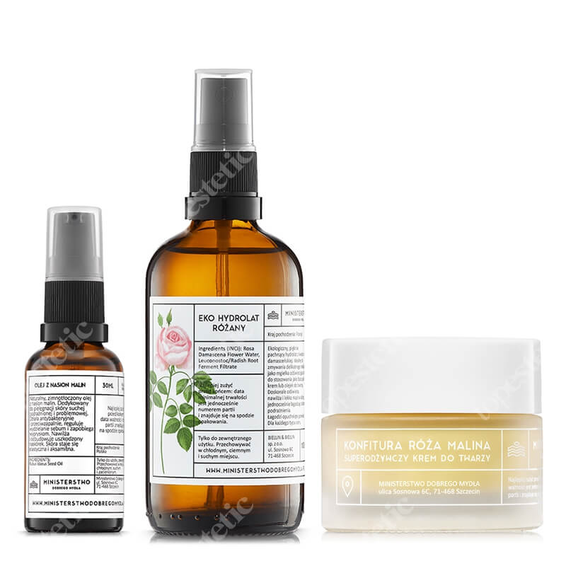 Ministerstwo Dobrego Mydła Róża i Malina Box ZESTAW Eko hydrolat różany 100 ml + Zimnotłoczony, lekki olejek 30 ml + Krem do twarzy 50 ml