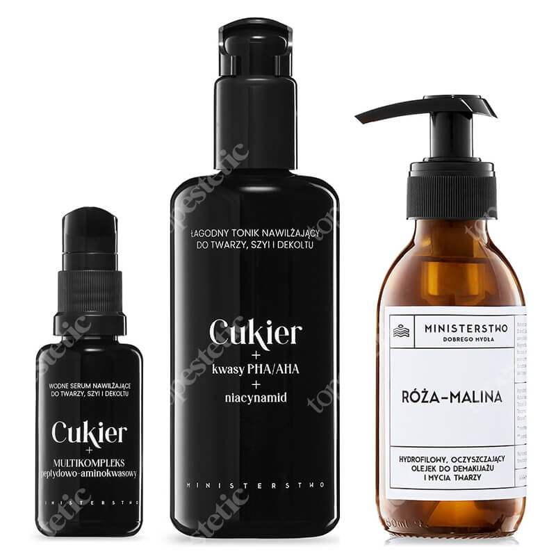 Ministerstwo Dobrego Mydła Róża - Malina + Cukier ZESTAW Olejek do mycia i demakijażu 140 ml + Tonik 200 ml + Wodne serum nawilżające 30 ml
