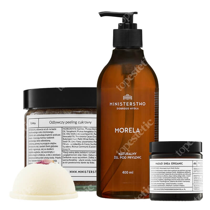 Ministerstwo Dobrego Mydła Róża-Malina + Morela + Śliwka + Masło Shea ZESTAW Półkula 60 g + Żel 400 ml + Peeling 300 g + Masło Shea 75 g