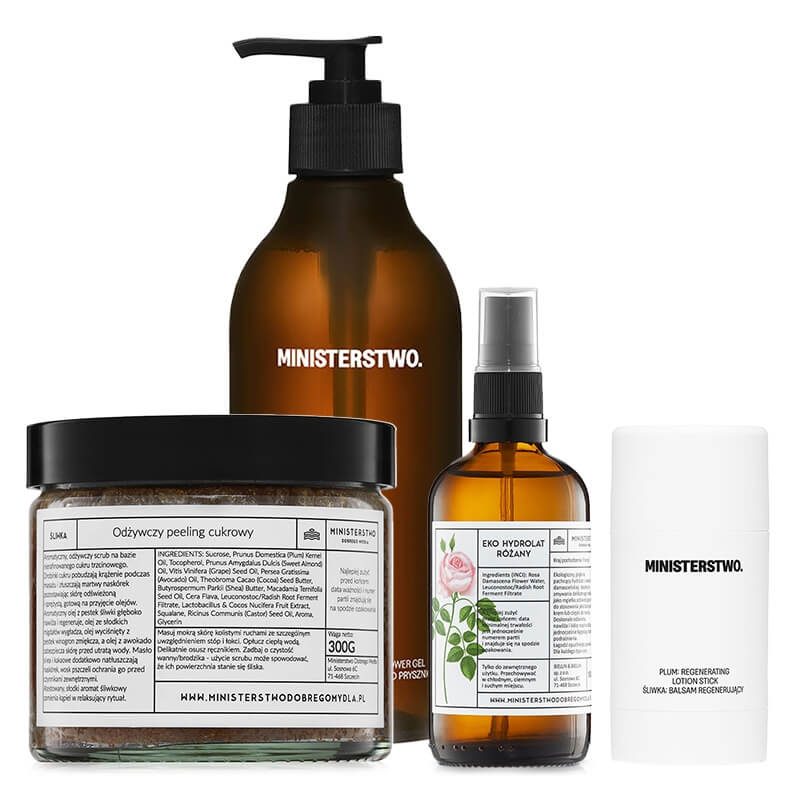 Ministerstwo Dobrego Mydła Róża-Malina + Śliwka + Róża ZESTAW Żel pod prysznic 400 ml + Peeling 300 g + Balsam 75 g + Hydrolat różany 100 ml