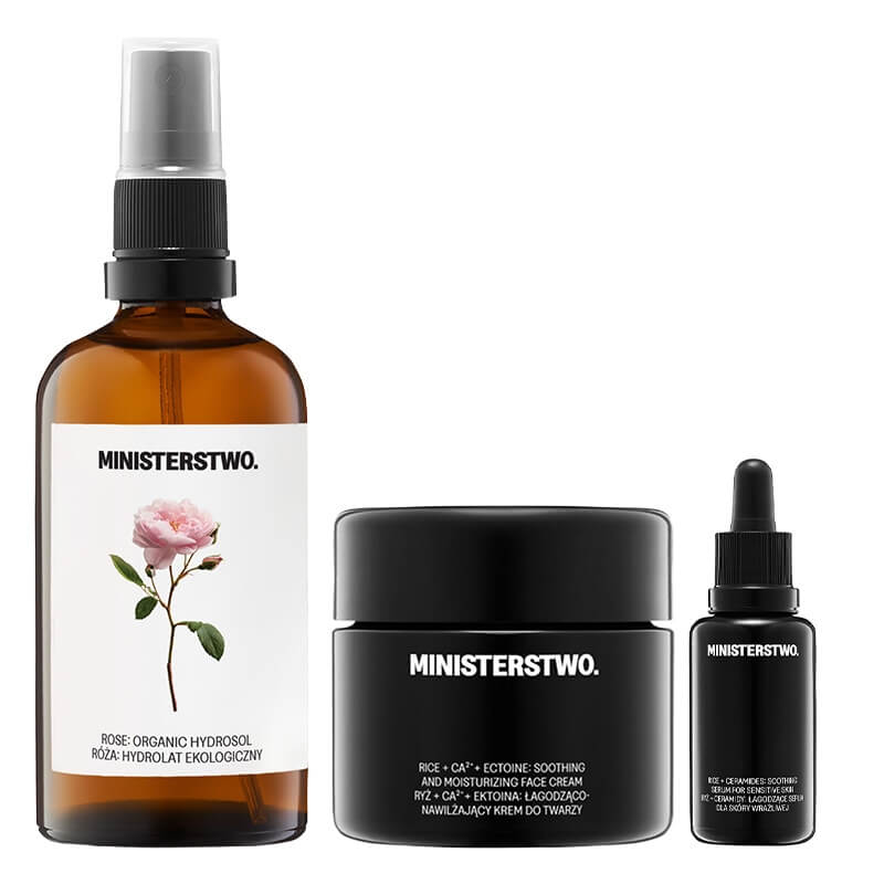 Ministerstwo Dobrego Mydła Róża-Ryż Beauty Set ZESTAW Eko hydrolat różany 100 ml + Serum łagodzące do twarzy 30 ml + Łagodzący krem do twarzy 50 ml