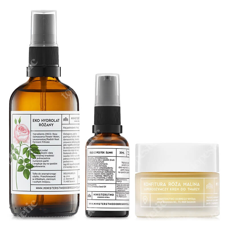 Ministerstwo Dobrego Mydła Róża + Śliwka + Róża - Malina ZESTAW Eko hydrolat różany 100 ml + Nierafinowany, zimnotłoczony olej 30 ml + Krem do twarzy 50 ml