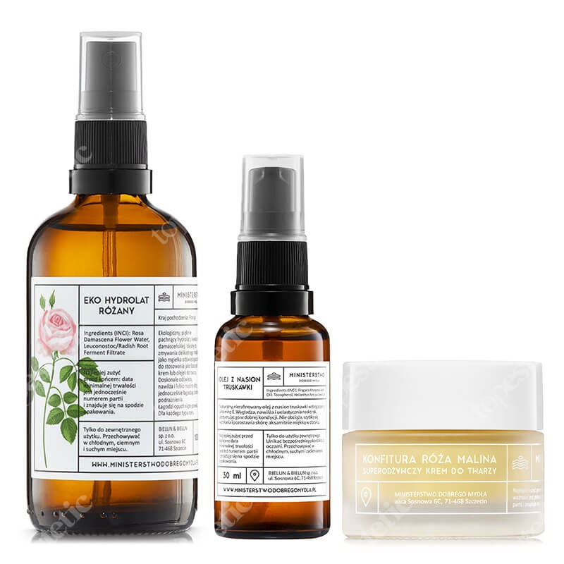 Ministerstwo Dobrego Mydła Róża + Truskawka + Róża - Malina ZESTAW Eko hydrolat różany 100 ml + Nierafinowany olej 30 ml + Krem do twarzy 50 ml
